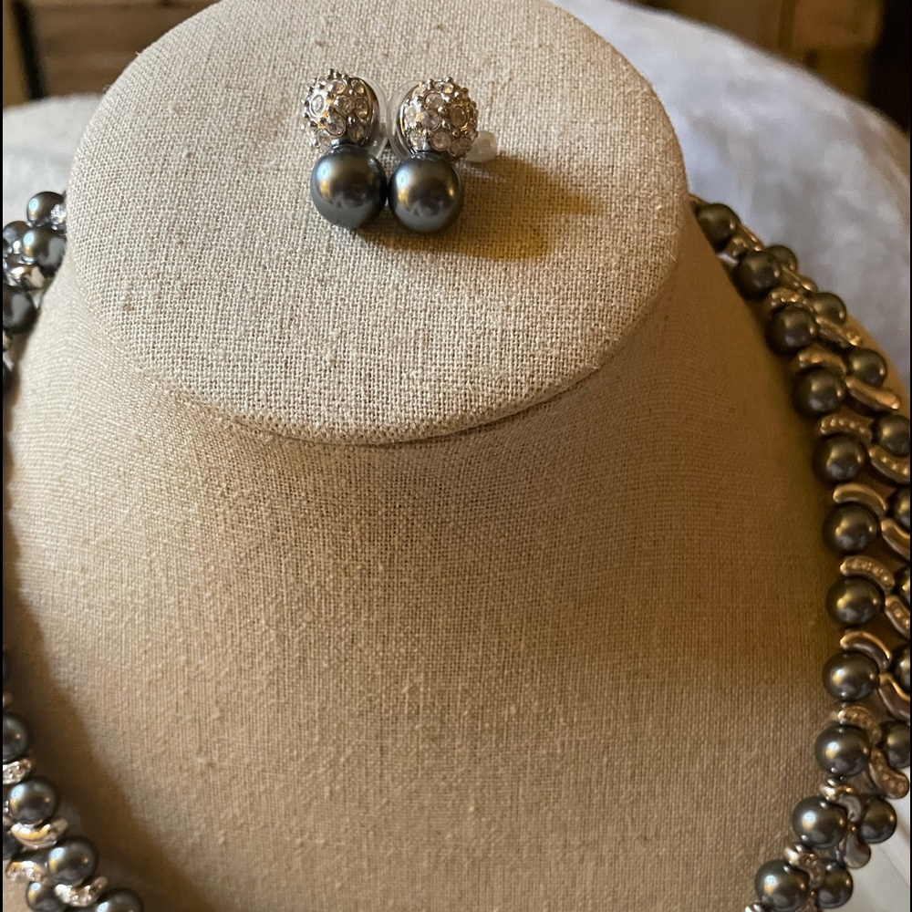 Pierre Balmain rhodium plated black pearls Swarovski crystals